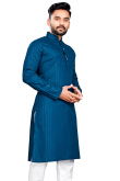 Cotton Teal Blue Weaved Lurex Thread Straight Cut Men's Kurta 