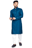 Cotton Teal Blue Weaved Lurex Thread Straight Cut Men's Kurta Pajama 