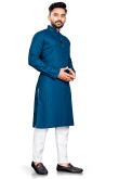 Cotton Teal Blue Weaved Lurex Thread Straight Cut Men's Kurta Pajama 
