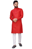Cotton Tomato Red Weaved Lurex Thread Straight Cut Men's Kurta Pajama 