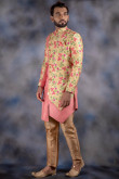 Jacquard Readymade Sherwani In Cream and Rose Pink Color.