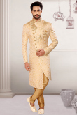 Cream Beige Brocade Front Slit Men Sherwani