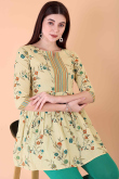 Cream Beige Cotton Printed Short Casual Wear Kurti 
