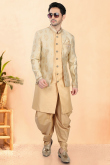 Cream Beige Cotton Silk Men's Sherwani with Woven Work for Wedding