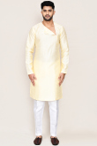 Cream Beige Dupion Silk Angrakha Style Men's Kurta Pajama