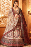 Cream Beige Embroidered Silk Blend Panelled Lehenga