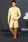 Cream Beige Jacquard Indo-Western Men Sherwani
