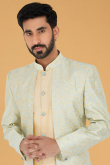 Cream Beige Traditional Jacquard Men Sherwani for Wedding 