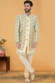 Wedding Wear Foil Print Men Sherwani in Jacquard Cream Beige