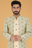 Wedding Wear Foil Print Men Sherwani in Jacquard Cream Beige
