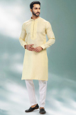 Linen Cream Beige Patch Embroidered Party Wear Men Kurta Pajama