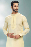 Linen Cream Beige Patch Embroidered Party Wear Men Kurta Pajama