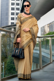 Cream Beige Linen Weaved Thread Broad Border Saree 