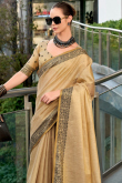 Cream Beige Linen Weaved Thread Broad Border Saree 