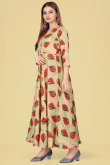 Cream Beige Rayon Ready Made Printed Frock Style Casual Wear Kurti