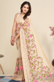 Cream Beige Resham Thread Embroidered Net Floral Saree 
