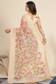 Cream Beige Resham Thread Embroidered Net Floral Saree 