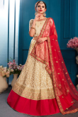 Cream Beige Satin Embroidered Panelled Lehenga