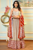 Cream Beige Satin Printed Flared Lehenga