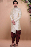 Cream Beige Silk Assymetrical Men Sherwani
