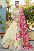 Cream Beige Silk Blend Embroidered Panelled Style Lehenga