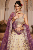 Cream Beige Silk Blend Lehenga with Mirror Work for Wedding & Diwali