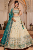 Cream Beige Silk Blend Lehenga with Mirror Work for Wedding