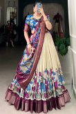 Cream Beige Silk Blend Lehenga With Printed Work For Diwali