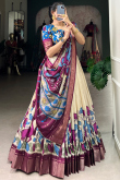 Cream Beige Silk Blend Lehenga With Printed Work For Diwali