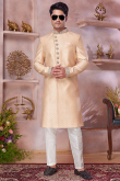 Cream Beige Silk Blend Men's Sherwani with Weaved for Wedding