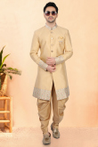 Cream Beige Silk Blend Men's Sherwani with Weaved Work for Wedding 