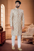 Silk Cream Beige Thread Embroidered Sangeet Men Sherwani