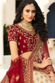 Cream Beige Silk Lehenga With Velvet Choli