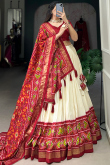 Cream Beige Tussar Silk Lehenga With Printed Work For Diwali