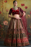 Cream Beige Velvet Embroidered A Line Lehenga