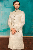 Men Sherwani in Brocade Cream with Thread Embroidery for Wedding 