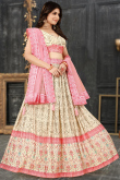 Cream Chinnon Silk A- Line Printed Lehenga 