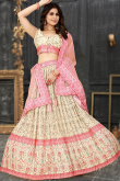 Cream Chinnon Silk A- Line Printed Lehenga 