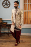 Cream Dupion Silk Designer Sherwani With Dhoti Pant