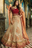 Graceful Cream Silk Lehenga with Red Velvet Choli 