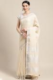 Cream Linen Saree with Woven Zari Work for New Year 