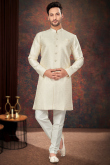 Cream Men Jacquard Waeved Thread Sherwani For Engagement 