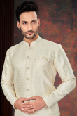 Cream Men Jacquard Waeved Thread Sherwani For Engagement 