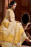Cream Net Wedding Saree With Silk Blouse