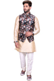 Cream Raw Silk Kurta Set With Floral Printed Waist Coat