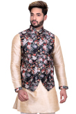 Cream Raw Silk Kurta Set With Floral Printed Waist Coat