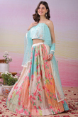 Cream Satin Silk Flared Lehenga With Printed Work