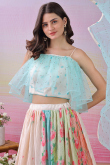 Cream Satin Silk Flared Lehenga With Printed Work