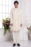 Cream Silk Blend Weaved Work Men's Sherwani for Reception 