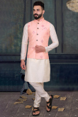 Cream Designer Silk Men Kurta Pajama for Wedding 